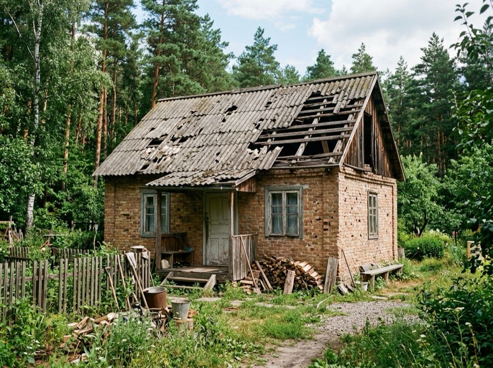 Дах дачного будинку в Старому Салтові до ремонту — пошкоджена покрівля та розбиті крокви після обстрілу