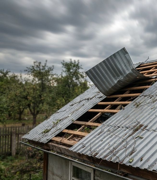 Дах будинку в Люботині до ремонту — зірвані вітром та деформовані листи профнастилу